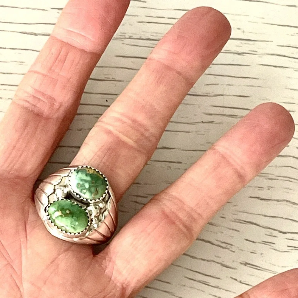 Navajo Mens Turquoise Sonoran Ring Sz 12 Sterling Signed Spencer Fans Band